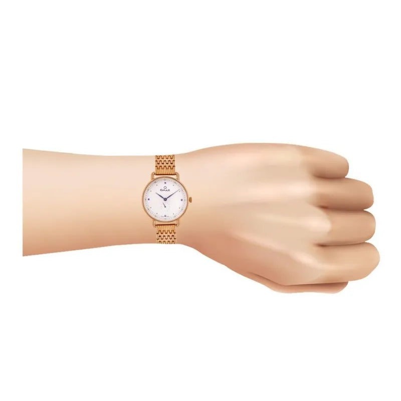 omax women's rose gold round dial with white background & golden bracelet analog watch, s0193 image2