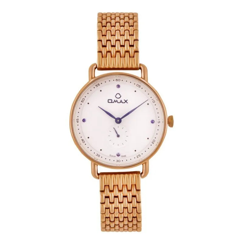 omax women's rose gold round dial with white background & golden bracelet analog watch, s0193 main image