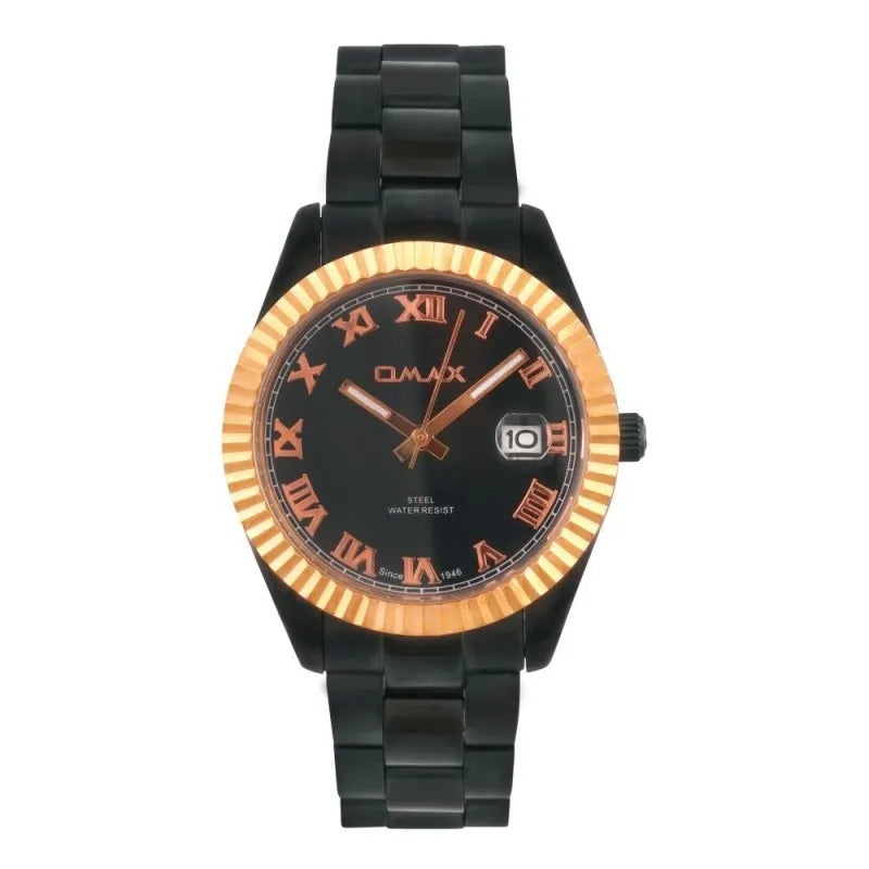 omax women's rust gold round case & black bracelet analog watch, rl42b22i main image