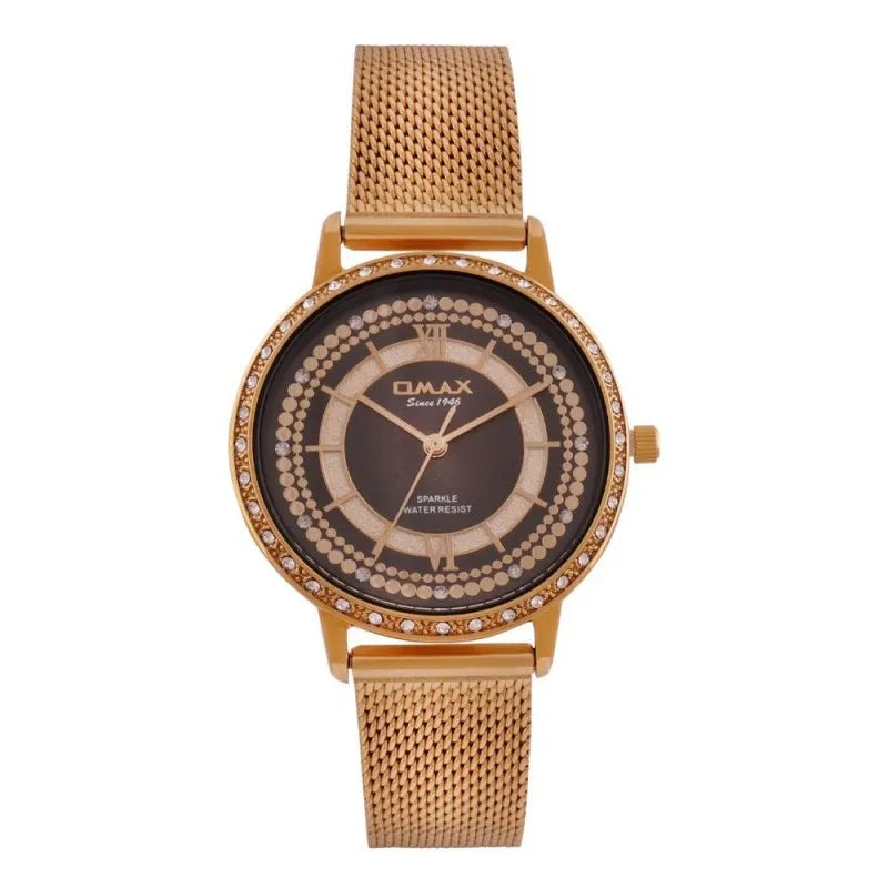 omax women's sparkle golden rust round dial with bracelet analog watch, spm02g21i main image