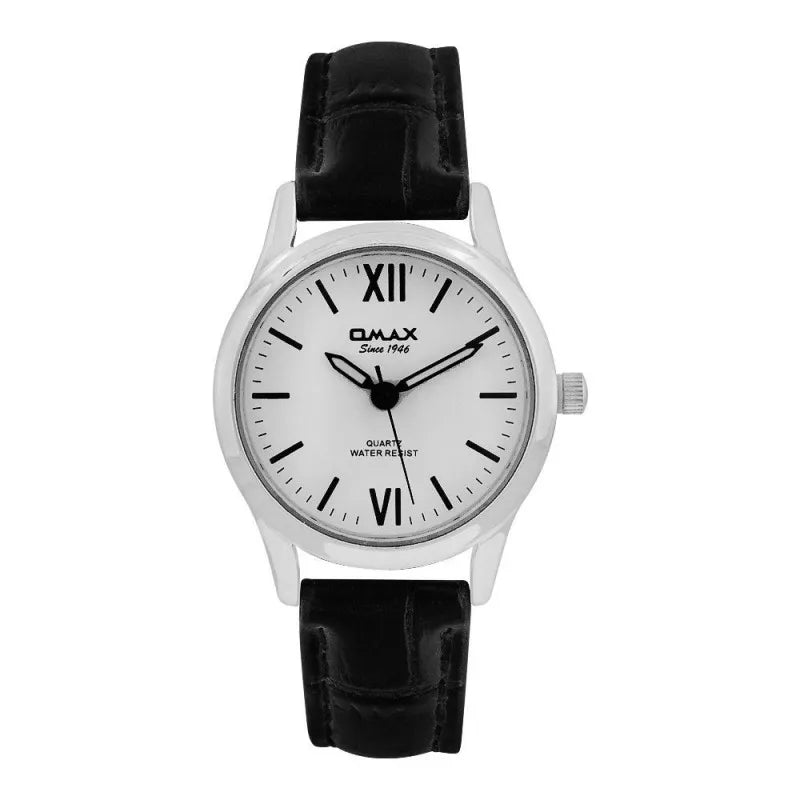 omax women's white round dial with black texture strap analog watch, pr0010ib03 main image