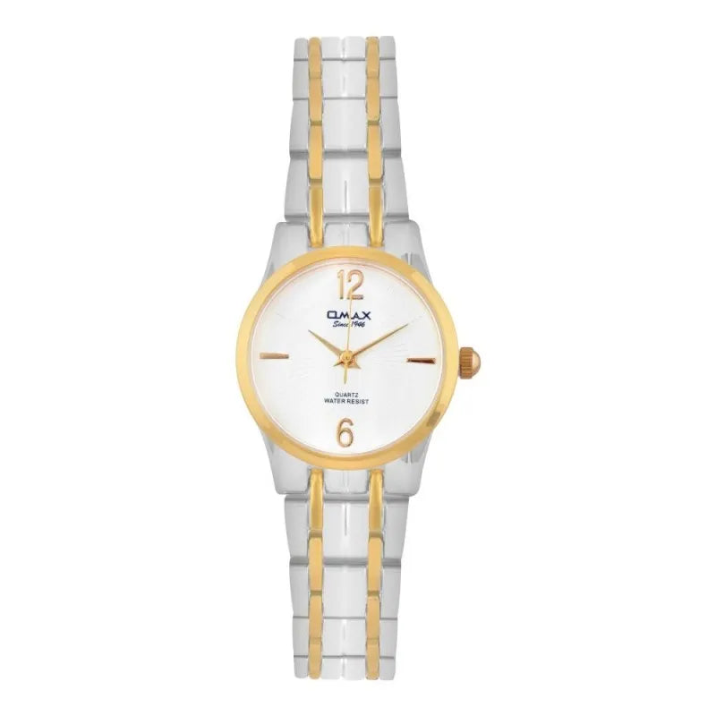 omax women's white round dial with golden case & two tone bracelet analog watch, hsa078n018 main image