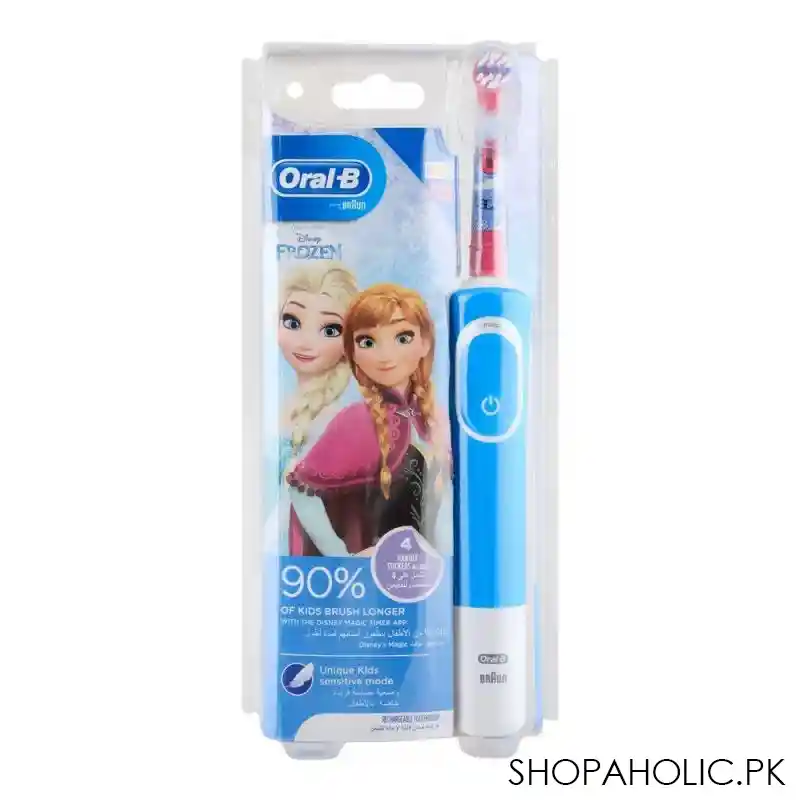 oral b frozen kids rechargeable electric toothbrush, with 4 handle stickers, blue/white, d100.413.2k image2