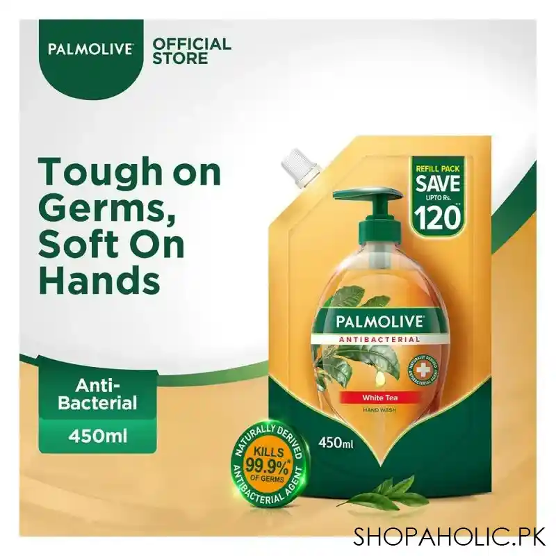 palmolive antibacterial white tea hand wash, refill, 450ml main image