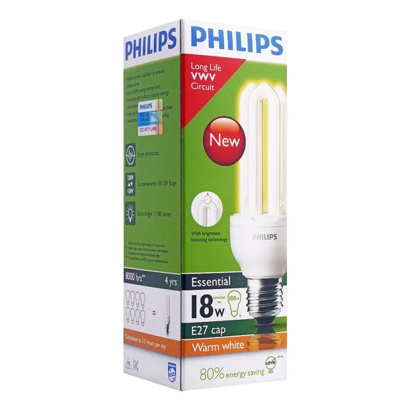 philips essential energy saver bulb, 18w, e27 cap, warm white main image