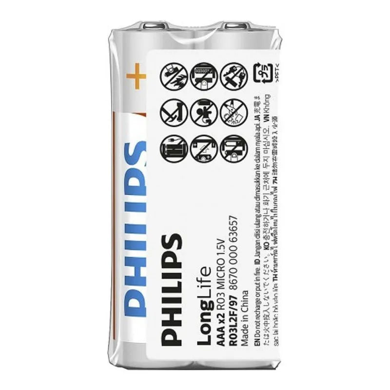 philips long life aaa batteries, 2 pack, r03l2f/97 main image