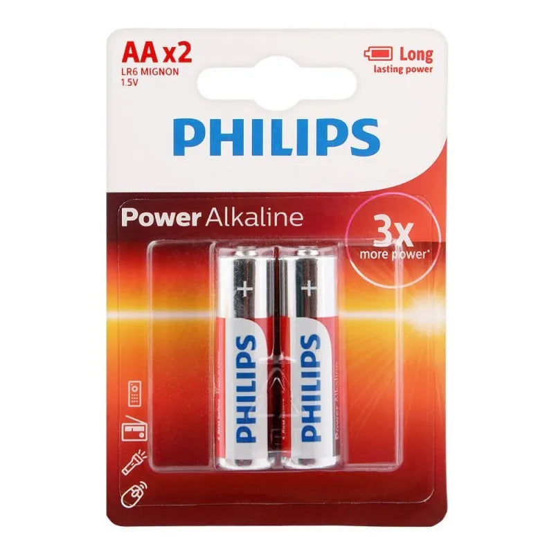 philips power alkaline aa batteries, 2 pack, lr6p2b/97 main image