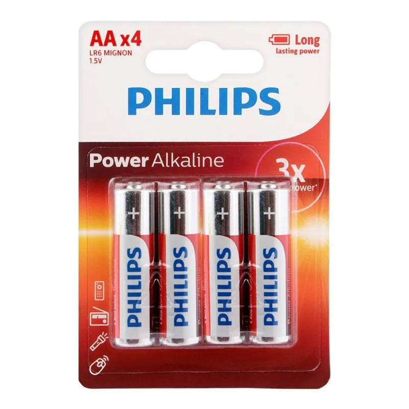 philips power alkaline aa batteries, 4 pack, lr6p4b/97 main image