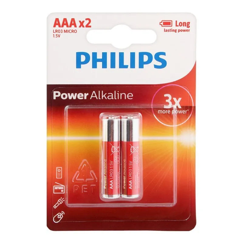 philips power alkaline aaa batteries, 2 pack, lr03p2b/97 main image