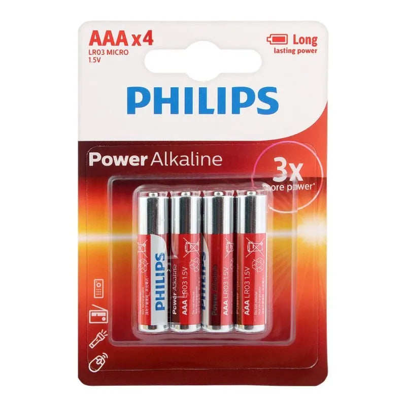 philips power alkaline aaa batteries, 4 pack, lr03p4b/97 main image