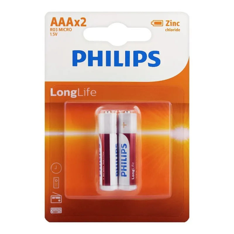 philips zinc chloride long life aaa batteries, 2 pack, r03l2b/97 main image