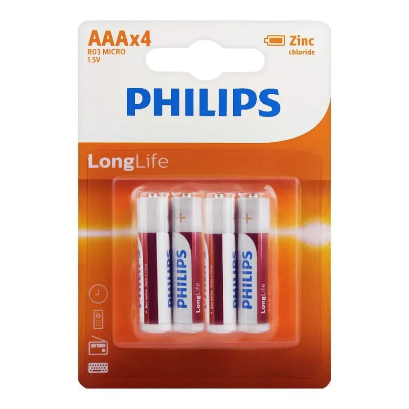 philips zinc chloride long life aaa batteries, 4 pack, r03l4b/97 main image