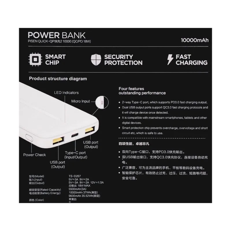 pisen power bank, 10000mah, 18w, qc3.0 pd3.0, ts d267 image3