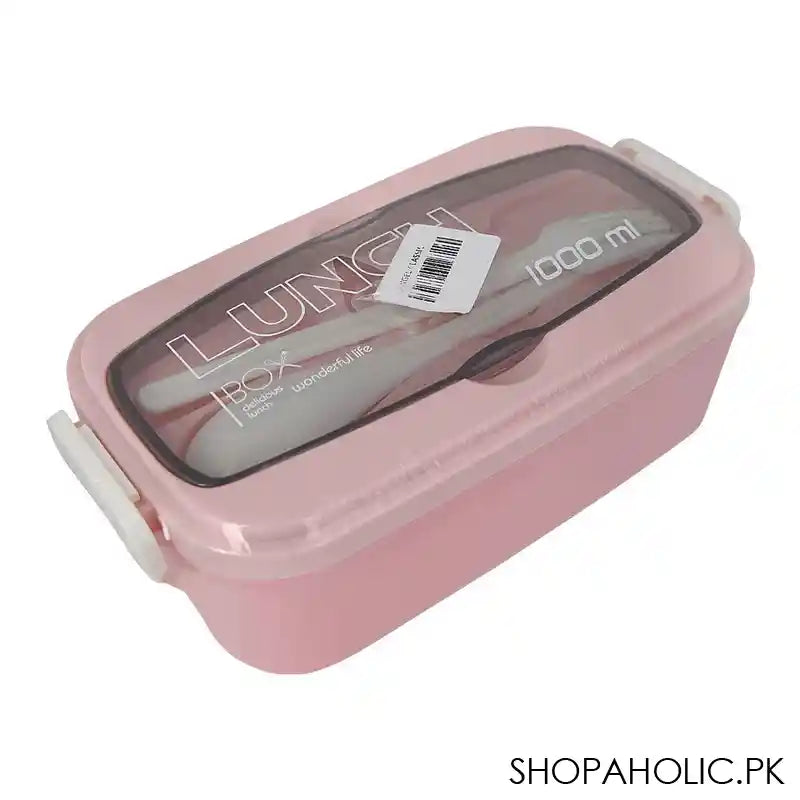 Plastic Lunch Box, 2 Compartments & Cutlery, 1000ml, Pink, 6.3in (H) x 3.1in (W) x 2.2in (D), Yc9039 - Main Image