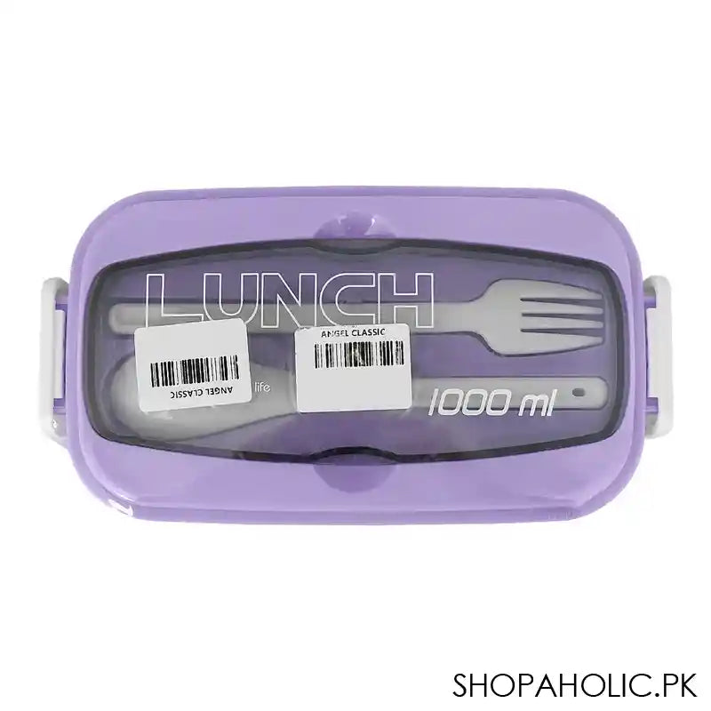 Plastic Lunch Box, 2 Compartments & Cutlery, 1000ml, Purple, 5.9in (H) x 3in (W) x 2.2in (D), Yc9039 - Main Image