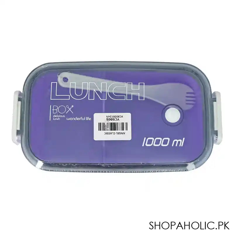 Plastic Lunch Box, 2 Compartments & Cutlery, 1000ml, Purple, 6.3in (H) x 3in (W) x 2.2in (D), Yc9008 - Main Image