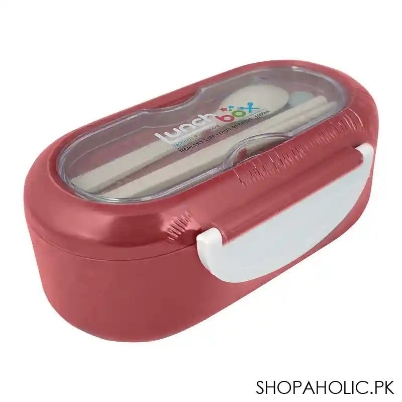 Plastic Lunch Box, 2 Compartments & Cutlery, 1000ml, Red, 5.7in (H) x 3in (W) x 2.2in (D), Kh-002 - Main Image