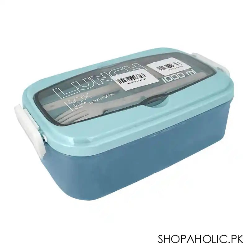 Plastic Lunch Box, 2 Compartments & Cutlery, 1000ml, Sky Blue, 6.1in (H) x 3.5in (W) x 2.4in (D), Yc9039 - Main Image