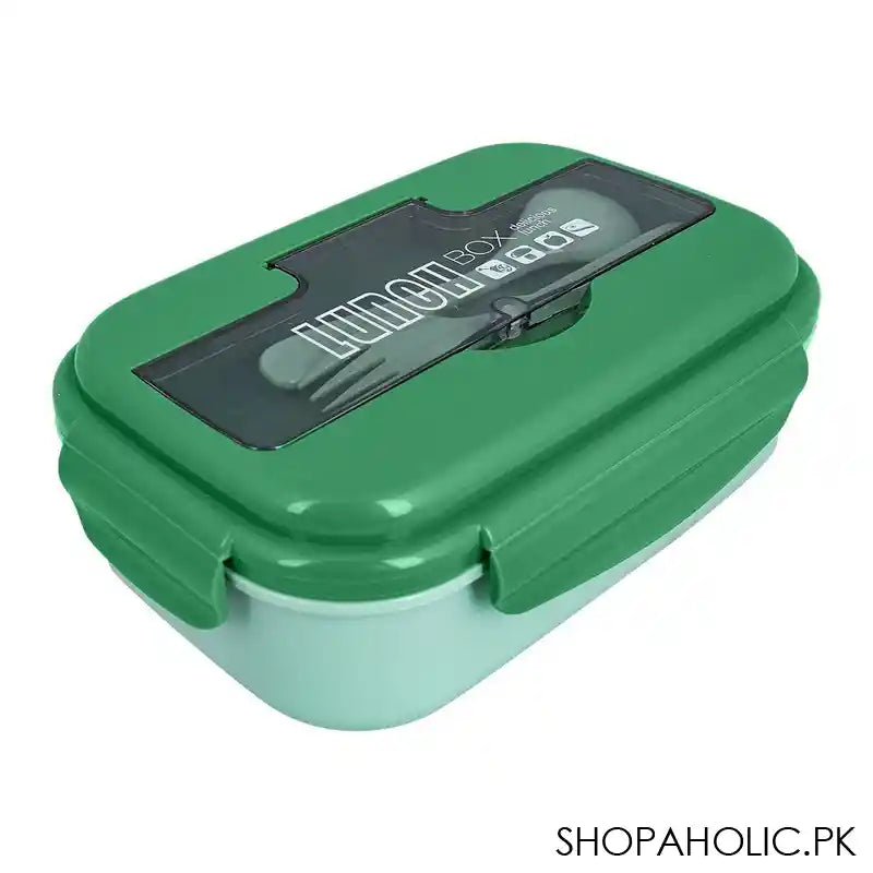 Plastic Lunch Box, 2 Compartments & Cutlery, 1100ml, Green, 6.3in (H) x 3.5in (W) x 2in (D), Yk-0225 - Main Image