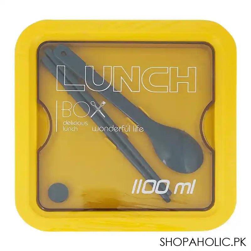 Plastic Lunch Box, 2 Compartments & Cutlery, 1100ml, Yellow, 6.5in (H) x 4.3in (W) x 2.2in (D), Yk-0228 - Main Image