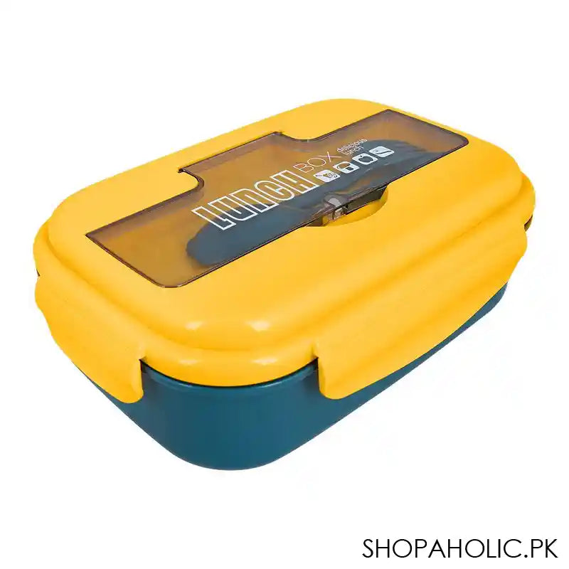 Plastic Lunch Box, 2 Compartments & Cutlery, 1100ml, Yellow & Blue, 6.1in (H) x 3.3in (W) x 2.2in (D), Yk-0225 - Main Image