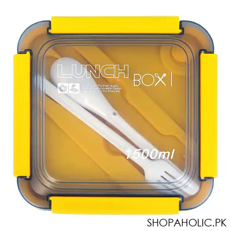 Plastic Lunch Box, 3 Compartments & Cutlery, 1500ml, Blue & Yellow, 5.9in (H) x 5.1in (W) x 3in (D), 287539 - Main Image