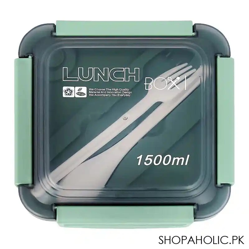 Plastic Lunch Box, 3 Compartments & Cutlery, 1500ml, Sea Green, 5.6in (H) x 5.5in (W) x 3in (D), 287539 - Main Image