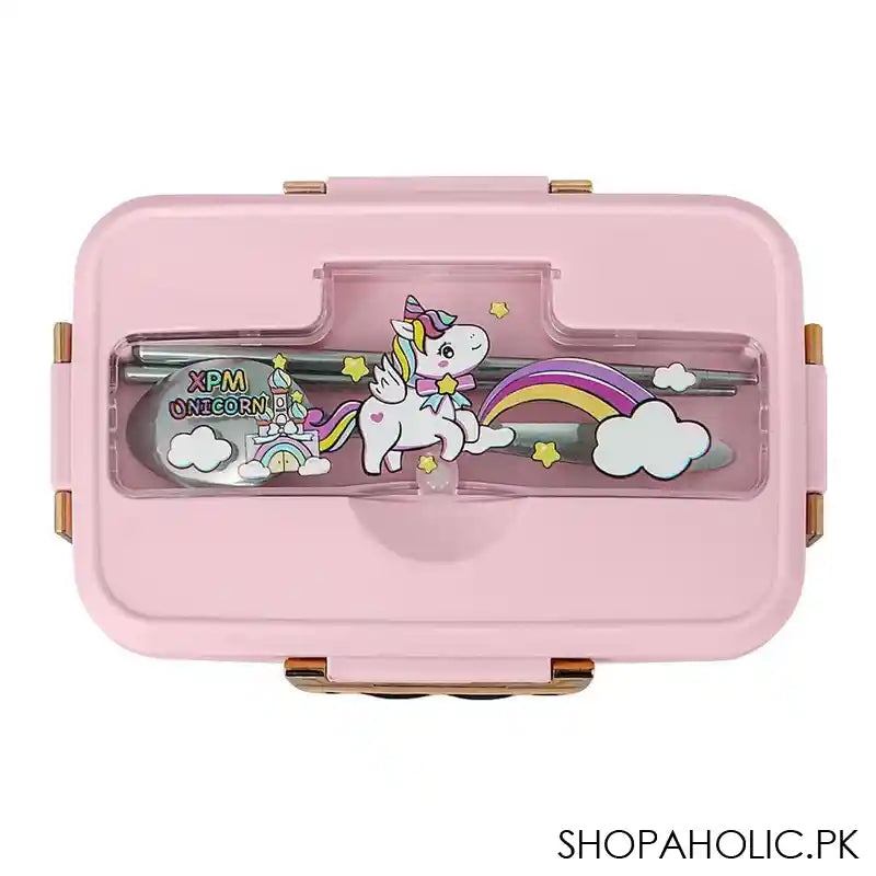 Plastic Lunch Box, 3 Compartments & Cutlery, Pink, 6.3in (H) x 3.7in (W) x 2in (D), K-181 - Main Image