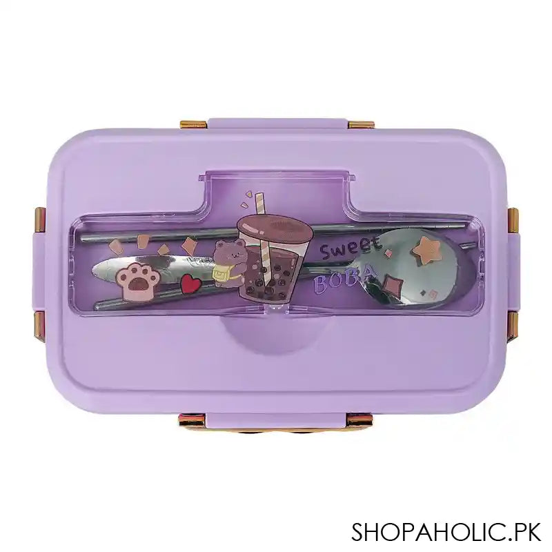 Plastic Lunch Box, 3 Compartments & Cutlery, Purple, 6.3in (H) x 3.5in (W) x 2.2in (D), K-181 - Main Image