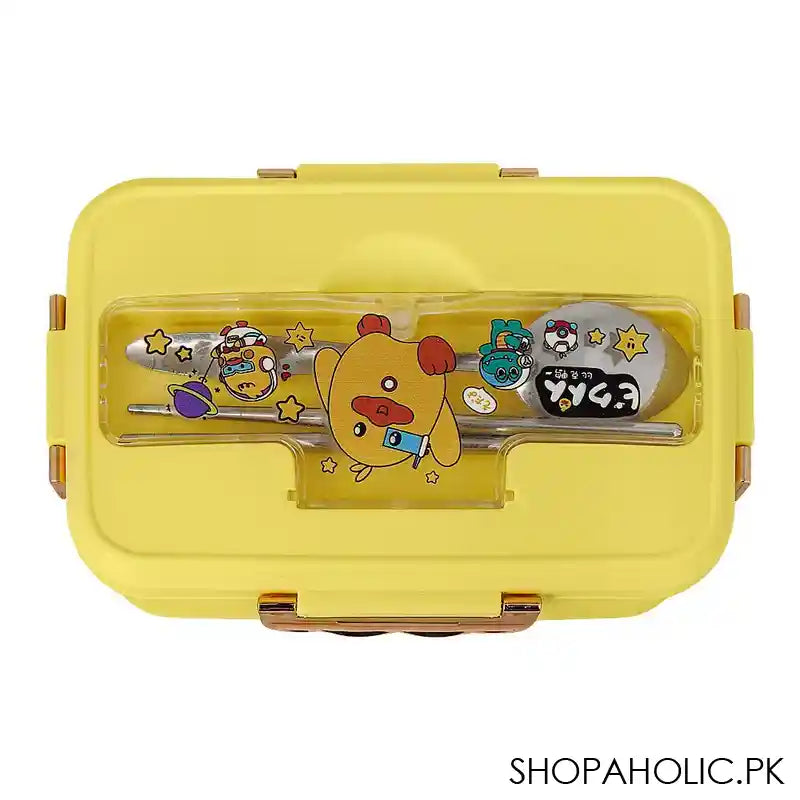 Plastic Lunch Box, 3 Compartments & Cutlery, Yellow, 6.5in (H) x 3.5in (W) x 2.2in (D), K-181 - Main Image