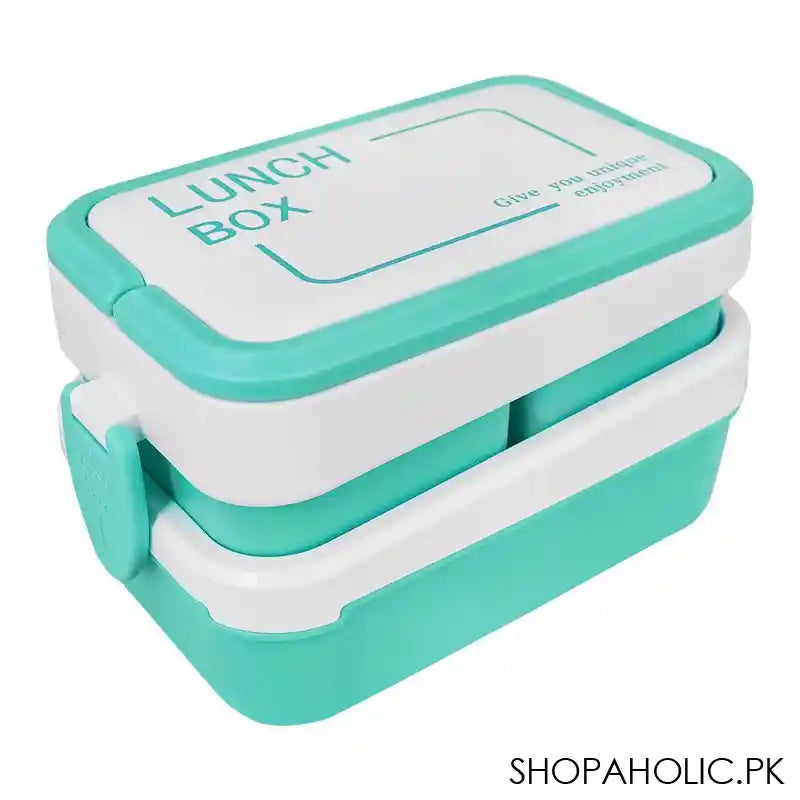 Plastic Lunch Box With 3 Rooms On 2 Levels With Own Handle, 1500ml, Sea Green, 6.1in (H) x 3.5in (W) x 2in (D), K-812 - Main Image