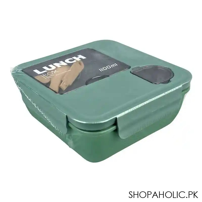 Plastic Lunch Box With Cutlery, 1100ml, Green, 2.4in (H) x 4.9in (W) x 4.1in (D), (1800) 0001003 - Main Image