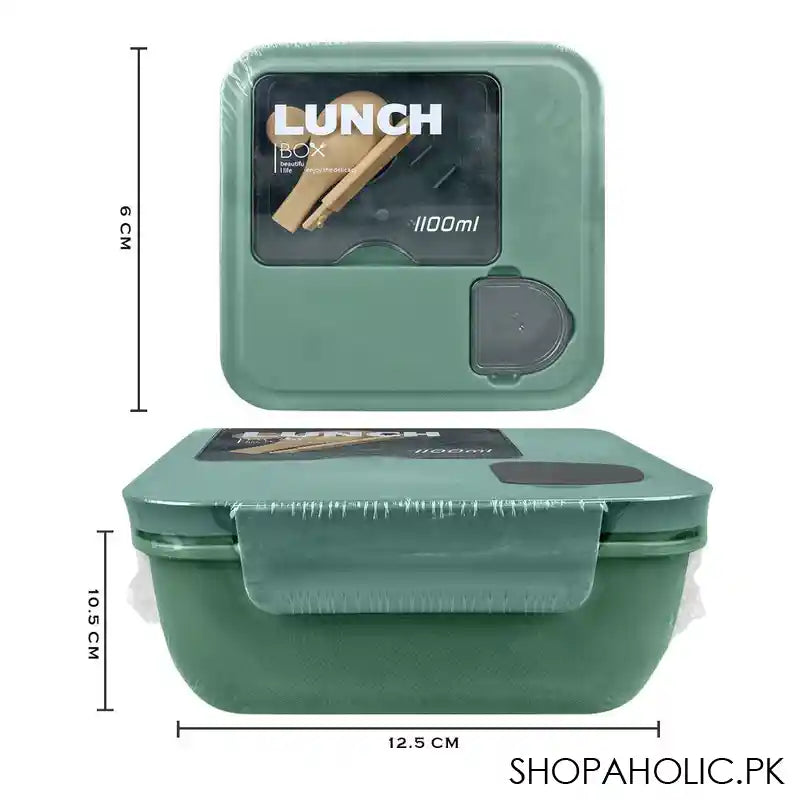 Plastic Lunch Box With Cutlery, 1100ml, Green, 2.4in (H) x 4.9in (W) x 4.1in (D), (1800) 0001003 - Image 3