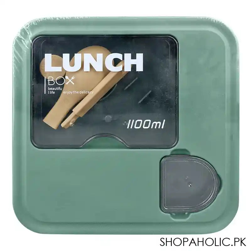 Plastic Lunch Box With Cutlery, 1100ml, Green, 2.4in (H) x 4.9in (W) x 4.1in (D), (1800) 0001003 - Image 4