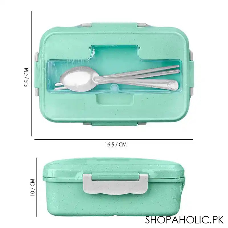 Plastic Lunch Box With Metal Cutlery, Green, 2.2in (H) x 6.5in (W) x 3.9in (D), (SH-203) 0001004 - Image 2