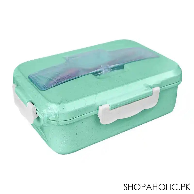 Plastic Lunch Box With Metal Cutlery, Green, 2.2in (H) x 6.5in (W) x 3.9in (D), (SH-203) 0001004 - Main Image