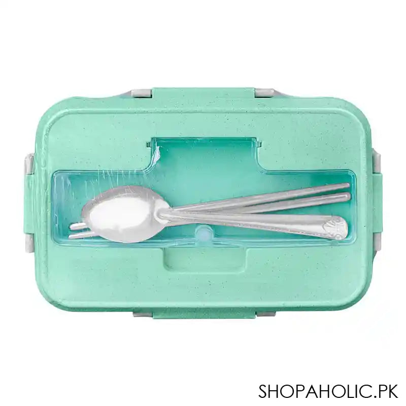 Plastic Lunch Box With Metal Cutlery, Green, 2.2in (H) x 6.5in (W) x 3.9in (D), (SH-203) 0001004 - Image 3