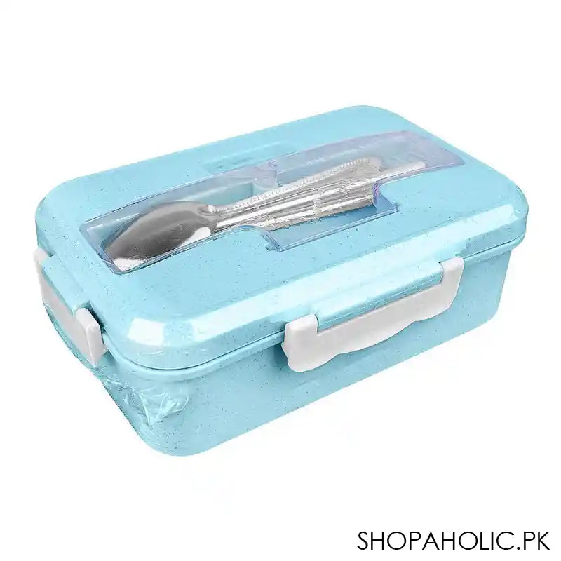 Plastic Lunch Box With Metal Cutlery, Light Blue, 2.2in (H) x 6.5in (W) x 3.9in (D), (SH-203) 0001004 - Main Image