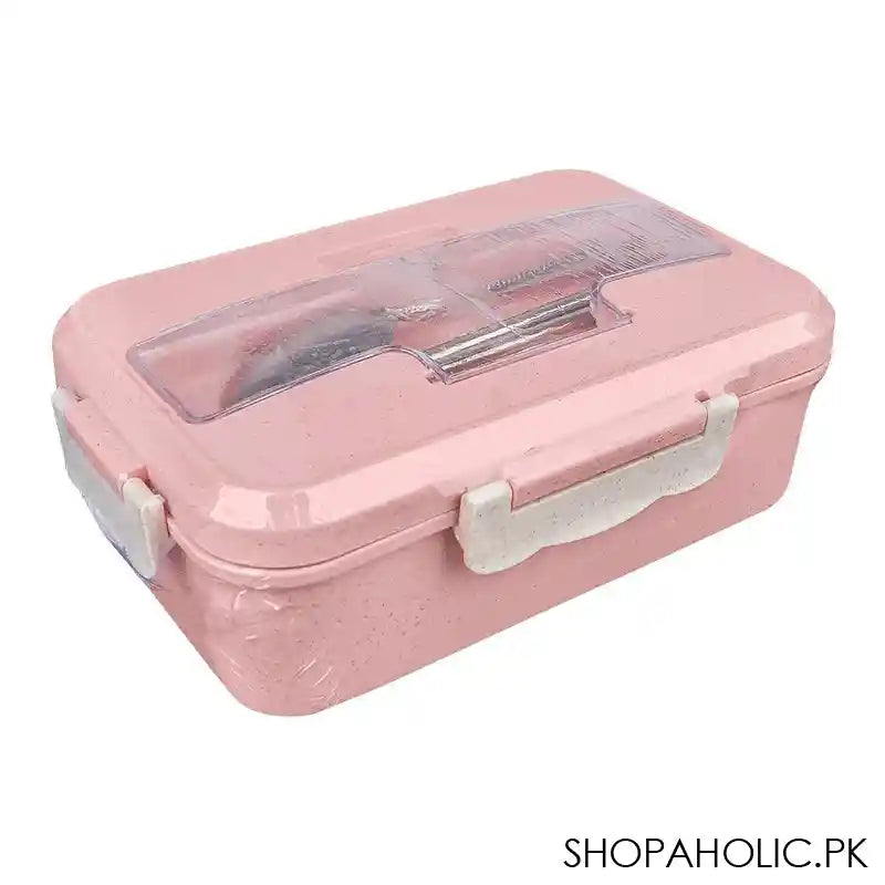 Plastic Lunch Box With Metal Cutlery, Pink, 2.2in (H) x 6.5in (W) x 3.9in (D), (SH-203) 0001004 - Main Image