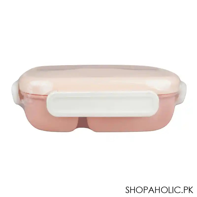 Plastic Snap Lock Lunch Box, 3 Compartments, Spoon & Fork, 1200ml, Pink, 6.3in (H) x 3.5in (W) x 2in (D), 25451 - Image 2