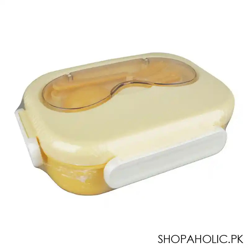 Plastic Snap Lock Lunch Box, 3 Compartments, Spoon & Fork, 1200ml, Yellow, 5.9in (H) x 3.3in (W) x 2in (D), 25451 - Image 3