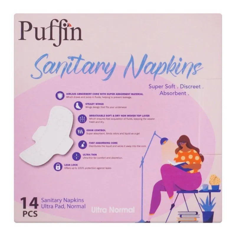 puffin sanitary napkins day/night ultra normal pads, 14 pack image2