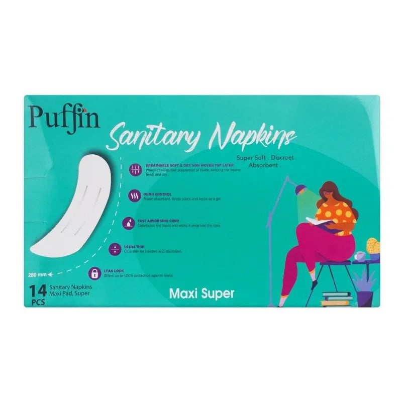 puffin sanitary napkins night extra long maxi super pads, 14 pack image2