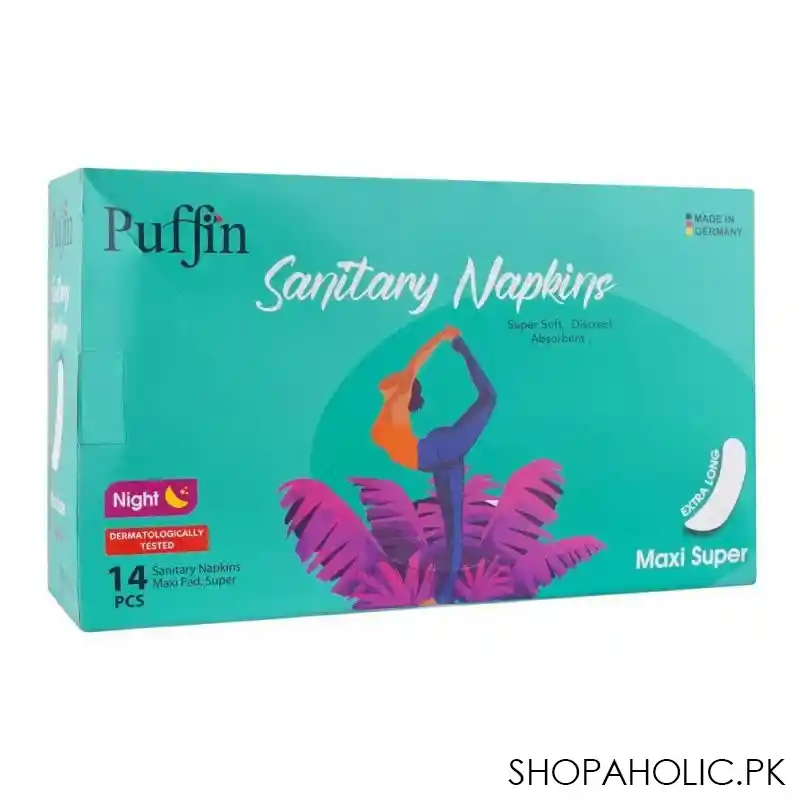 puffin sanitary napkins night extra long maxi super pads, 14 pack main image