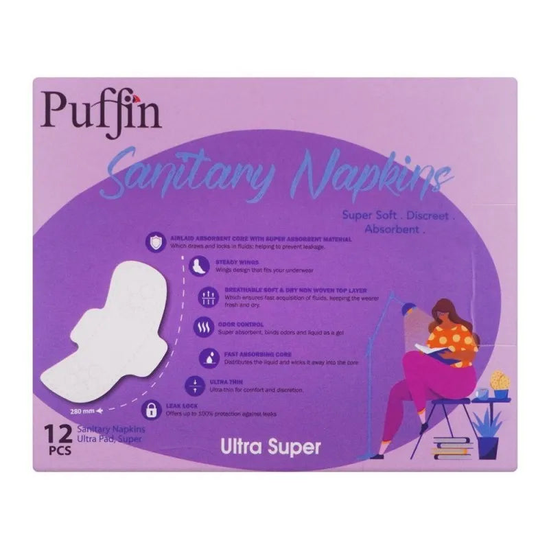 puffin sanitary napkins night ultra super pads, 12 pack image2