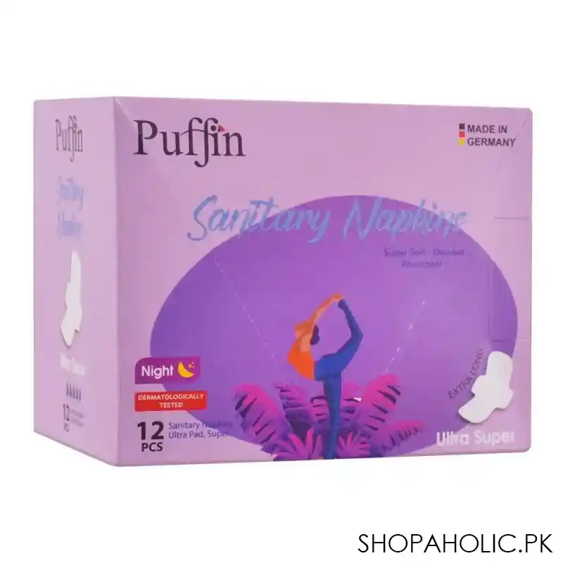 puffin sanitary napkins night ultra super pads, 12 pack main image