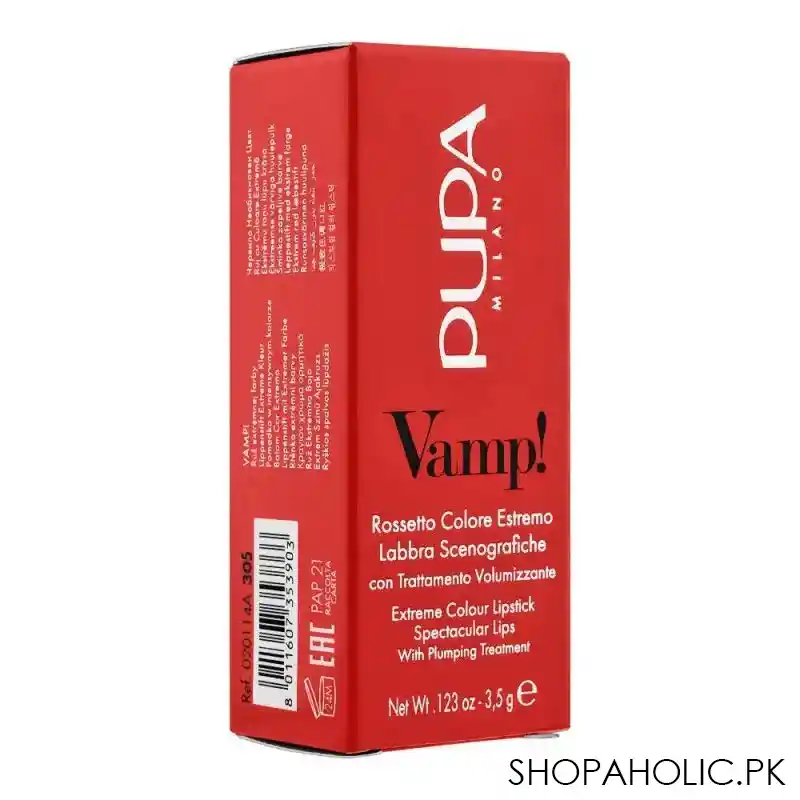 pupa milano vamp extreme colour lipstick with plumping treatment, 305, true orange image3