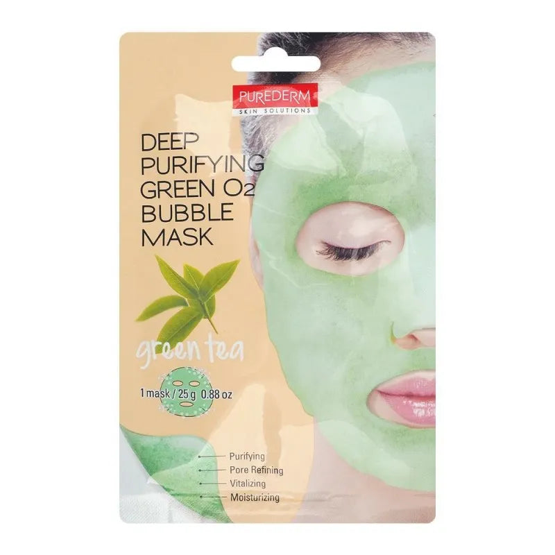 purederm green tea deep purifying green o2 bubble face mask, 25g main image