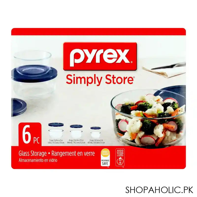 Pyrex Round Glass Storage Container With Blue Lid Set, 6 Pieces, 6010170 - Main Image