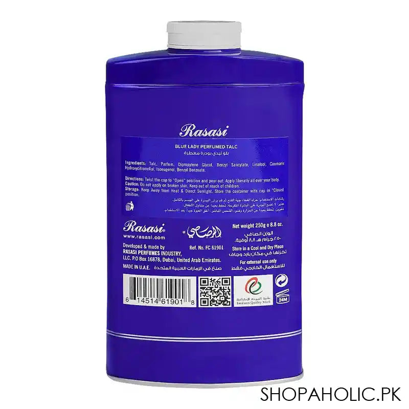 Rasasi Blue Lady Perfumed Talc, For Women, 250g - Image 3